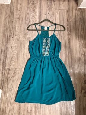 Acevog Teal Embroidered Racerback Mini Dress on